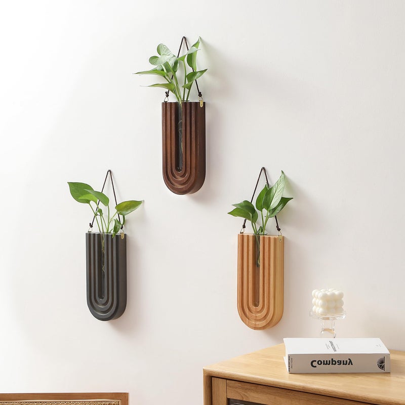 GRID FORTE Wood Wall Planter محطة نشر داخلية، مزهرية خشبية معلقة للزهور المجففة وحامل نباتات الحائط Boho Wall D؟cor لغرفة المعيشة على شكل قوس قزح (مجموعة من 3) - Image 3